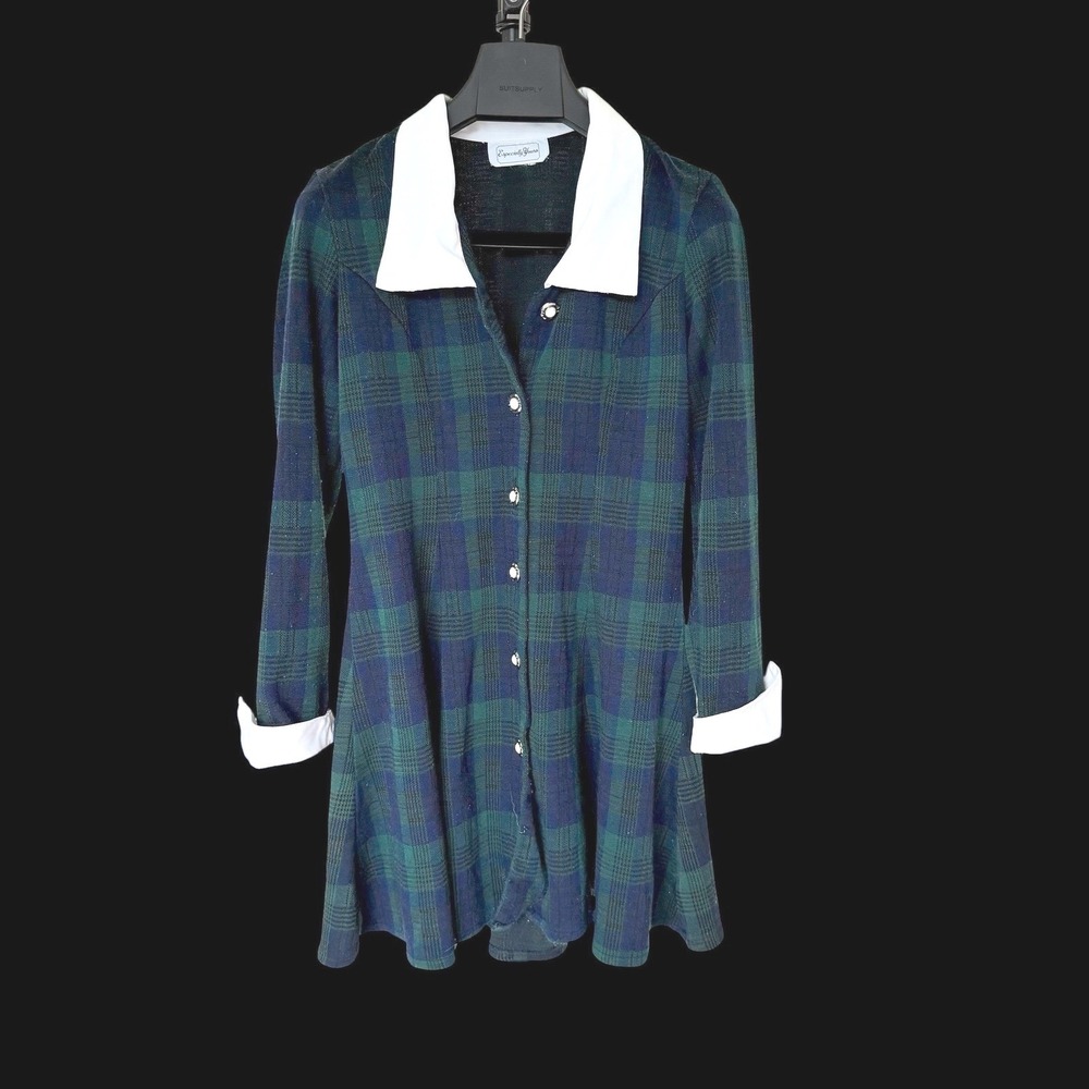 80's Academia Plaid Fit & Flare Dress Whimsigoth Navy Green Pearl Button